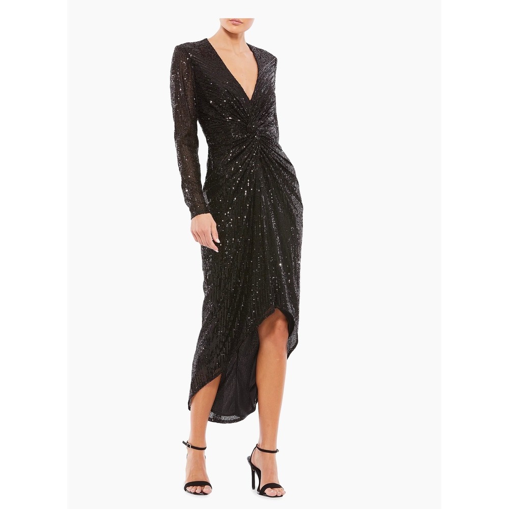 IEENA for Mac Duggal Sequin Gown 6 Black Twist Front Long Sleeve Women